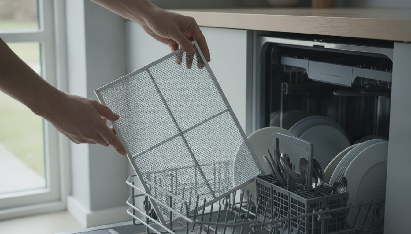 Fedtfilter fra emhætte lægges i opvaskemaskinen til rengøring