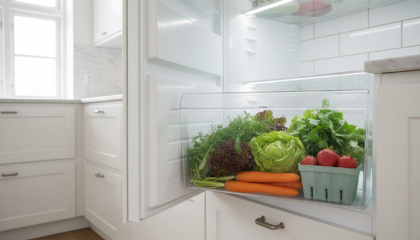 Friskzone-skuffe med salat, urter og bær tæt på nul grader